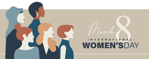 Set of International Women's Day poster, greeting card, invitation card, cover, sale promotion, pattern background with women profiles, March 8 title, neutral tones and typography design. © LittleWhale