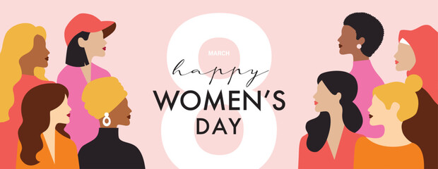 Set of International Women's Day poster, greeting card, invitation card, cover, sale promotion, pattern background with women silhouettes around circle, soft colors and typography design. © LittleWhale