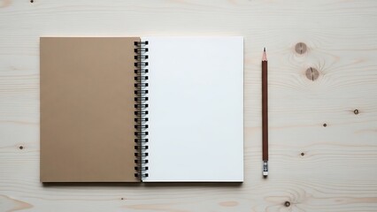 Minimalist top down view of an open spiral bound notebook with one blank white page and one blank kraft paper page resting beside a sharpened pencil on light wood surface