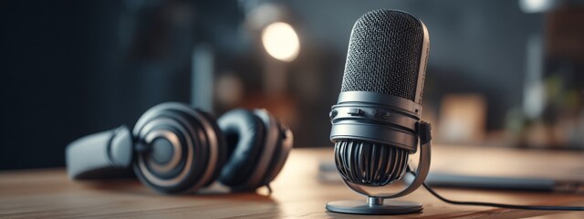 Stylish Minimalist Studio Setup Featuring Microphone and Headphones on Wooden Desk Surface