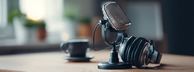Minimalist Studio Setup Featuring a Condenser Microphone and Headphones on a Wooden Table with a Coffee Cup
