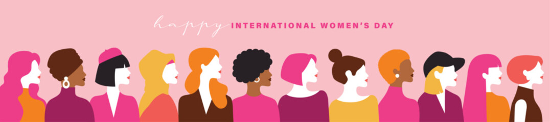 Set of International Women's Day poster, greeting card, invitation card, cover, sale promotion, pattern background with women heads line, minimal style, simple colors and typography design. © LittleWhale