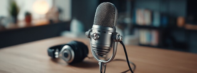 Minimalist Setup Featuring Condenser Microphone and Headphones on Wooden Surface in Modern Studio Environment
