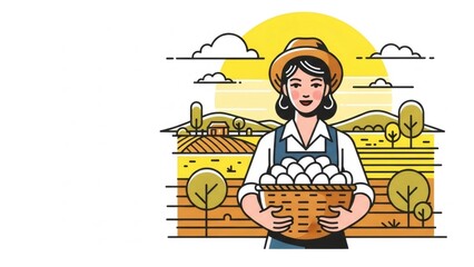 Woman farmer in straw hat holding a basket of fresh eggs with a farm field and sun in the background, a farm to table concept.