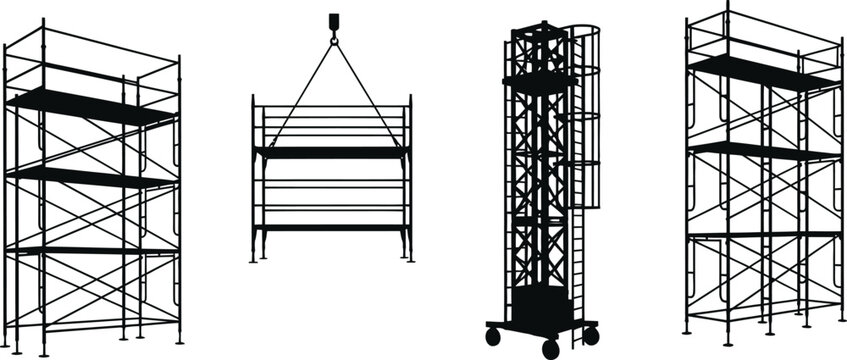 Silhouette vector set of 4 construction scaffolding types frame scaffold suspended scaffold and rolling tower