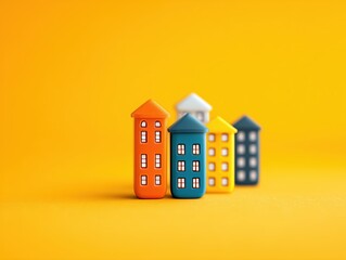 colorful miniature houses on yellow background
