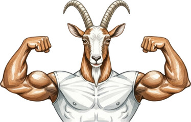 Muscular goat flexing its muscles with strong horns isolated on transparent background