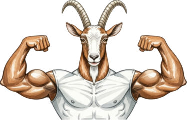 Muscular goat flexing its muscles with strong horns isolated on transparent background