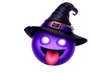 Purple halloween witch emoji icon wearing a hat, showing glowing eyes and tongue, delivering a spooky, fun trick-or-treat mood