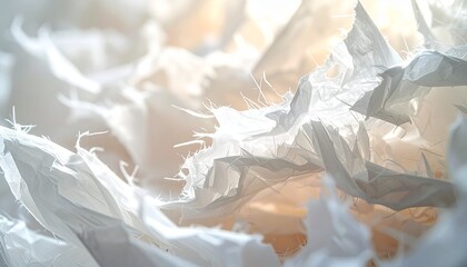 Close-up of shredded white paper for recycling. Abstract background of processed waste material for reuse, showcasing sustainability and environmental conservation. Bright, clean, and ethereal texture