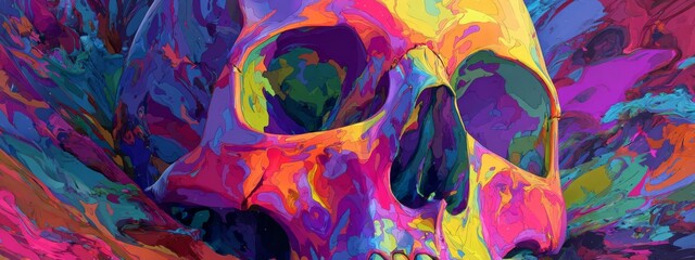 Abstract Skull Composition Featuring Intense Saturated Colors and Unique Distortion Effects