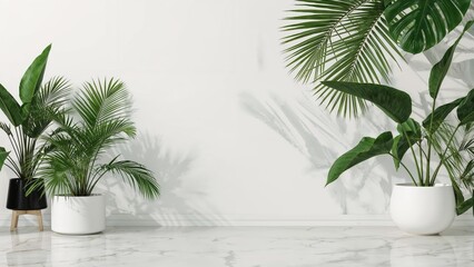 Obraz premium Potted plants with large green fronds on a white marble surface, shadows cast on the wall, minimalistic and modern indoor decor.