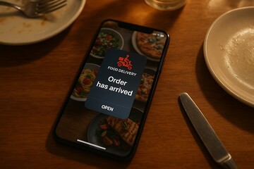 Food Delivery Notification on Smartphone Displaying 'Order has arrived'