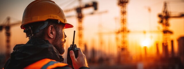 Construction Supervisor Communicating Through Walkie Talkie at Sunset with Hard Hat and Safety Gear
