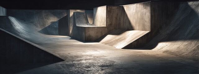 Nighttime Park with Harsh Spotlights Casting Deep Shadows on Concrete Surfaces in an Urban Setting