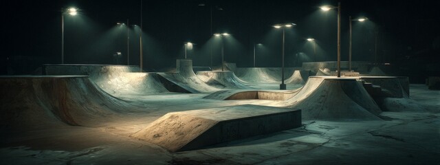 Nighttime Park Scene with Harsh Spotlights Casting Deep Shadows on Skatepark Features
