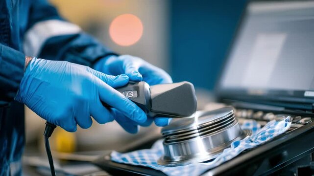 Quality control specialist evaluates metal components with advanced ultrasonic sensors focusing on consistency and accuracy during testing.