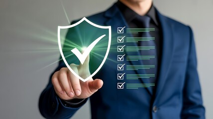 Cyber security concept with businessman touching glowing shield icon for data protection and privacy safety