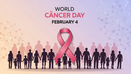 World cancer day awareness campaign with a crowd of people and a pink ribbon on february 4