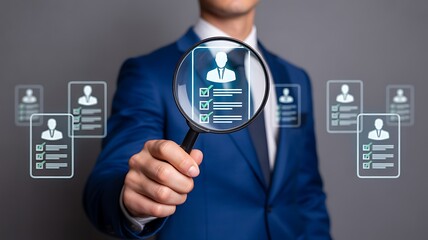Human resources and talent recruitment concept with magnifying glass searching for professional candidate profiles