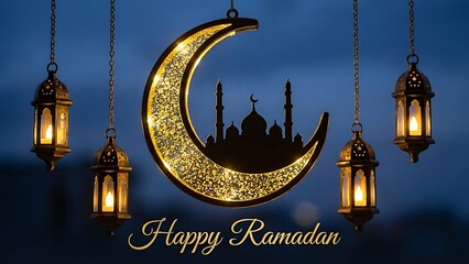 Crescent moon with lanterns and mosque silhouette celebrating Ramadan