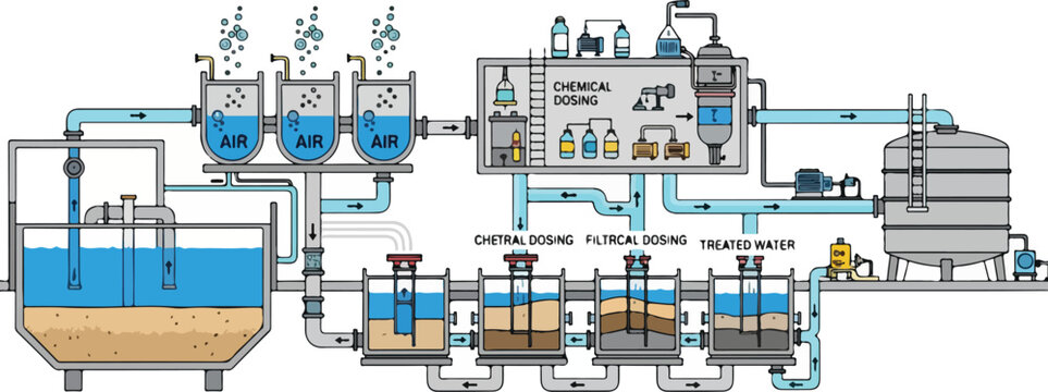 Detailed Diagram of Industrial Water Treatment and Purification Process.