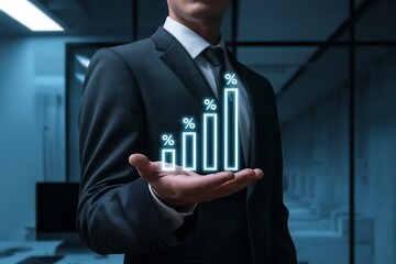 Businessman holding digital bar graph showing percentage growth and financial performance analysis