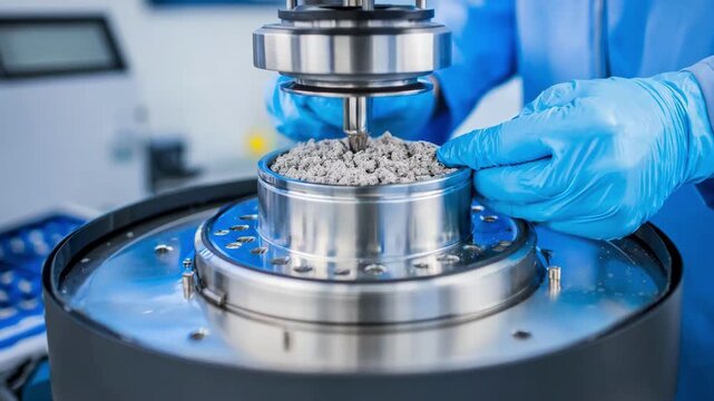 Operator carefully mixing polishing slurries in a lab environment demonstrating precision blending of diamond alumina and cerium compounds.