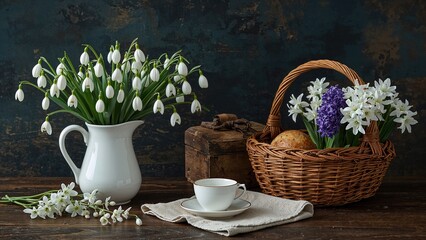 Still life with snowdrops in a white pitcher, a basket of hyacinths, and lilies of the valley on a rustic wooden background