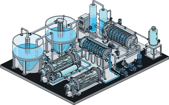 Isometric illustration of a complex industrial water purification and filtration system with multiple tanks and machinery.