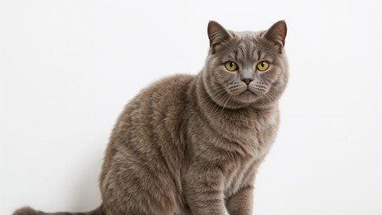 Obraz premium Gray cat with yellow eyes sitting against a white background.