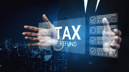 Visual representation of tax refund process with a professional presenting digital interface showcasing financial data in a modern business setting. Gantry