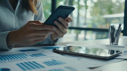Financial data processing with smartphone by businesswoman in modern office setting, financial data processing over caucasian businesswoman in office - Powered by Adobe