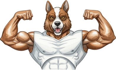 Strong dog character showing muscles isolated on transparent background