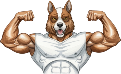 Strong dog character showing muscles isolated on transparent background