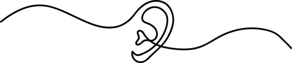 Continuous one line drawing of a human ear icon. Minimalist medical symbol for hearing and audiology. Simple black line art on white background.