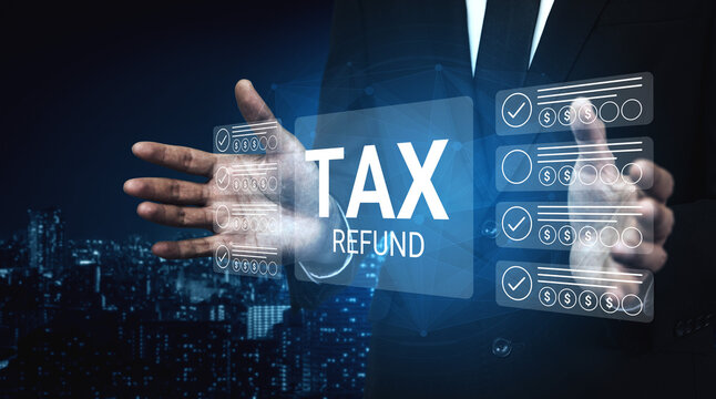 Visual representation of tax refund process with a professional presenting digital interface showcasing financial data in a modern business setting. Gantry - Powered by Adobe