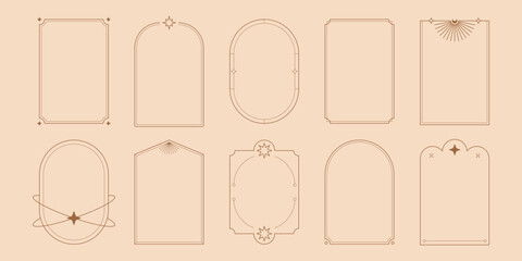 Boho arch frames. Minimal line geometric borders with mystic celestial simple shapes, magic nordic esoteric frames for badge logo design. Vector contemporary set © Yelyzaveta