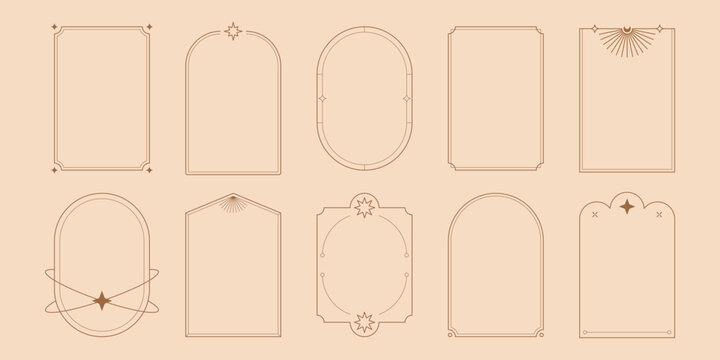 Boho arch frames. Minimal line geometric borders with mystic celestial simple shapes, magic nordic esoteric frames for badge logo design. Vector contemporary set