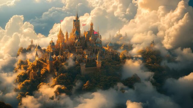 Kingdom floating above clouds in a fantasy world surrounded by ethereal mist and glowing architecture, a kingdom above the clouds of fantasy, a fairyland
