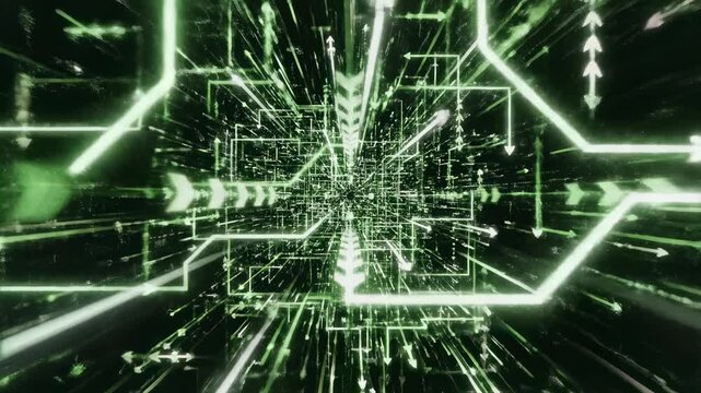 Abstract motion graphic loop of dynamic flowing green and white arrow lines indicating infinite digital connectivity and pathfinding lines, geometric, pathfinding