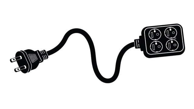 Black electrical power cord with four socket extension flat design isolated on white background