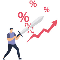 Flat vector style illustration of businessman using sword to cut rising interest rate or inflation financial struggle resistance and economic battle stock illustration