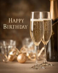 Happy Birthday Greeting Card with Champagne and Gold Accents