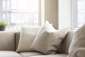 Elegant modern living room with cozy beige sofa and plush pillows, bathed in natural light from expansive windows. Relaxation haven.