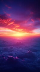 Expansive aerial panorama overlooking a vast ocean of blue and pink clouds at the horizon