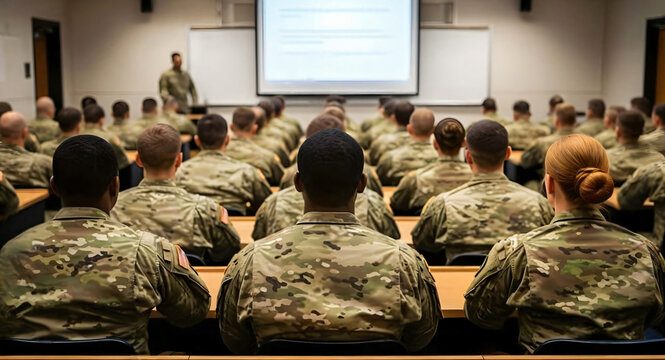 soldiers attend training lecture in classroom for professional military education