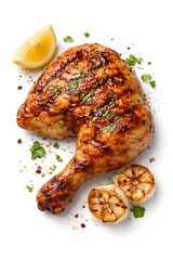 Juicy grilled chicken leg with herbs and lemon on a white background