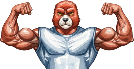 Muscular cartoon bear flexing muscles isolated on transparent background