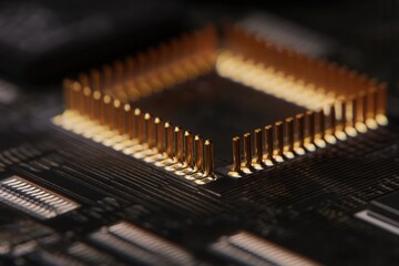 Macro shot of microchip showcasing detailed golden contacts on circuit board